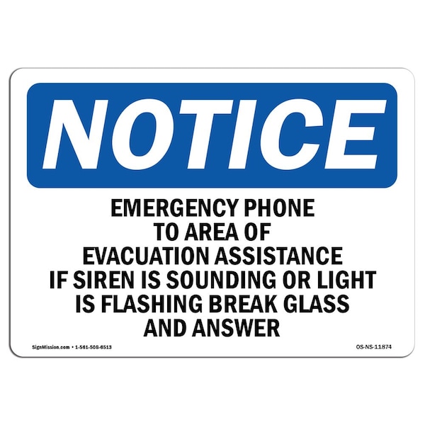 Signmission OSHA Sign, 10" H, Rigid Plastic, Emergency Phone To Area Of Evacuation Assistance Sign, Landscape OS-NS-P-1014-L-11874 - main